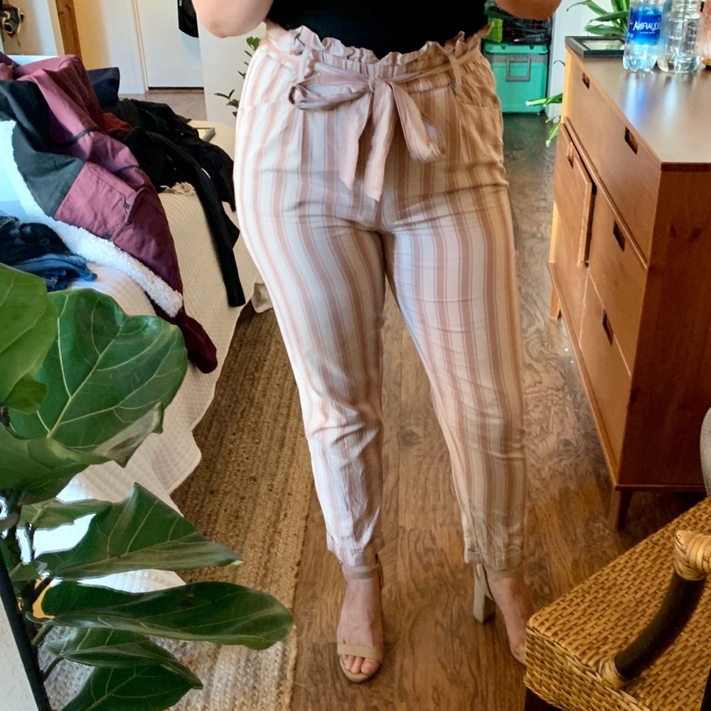 Blush striped paper bag pants